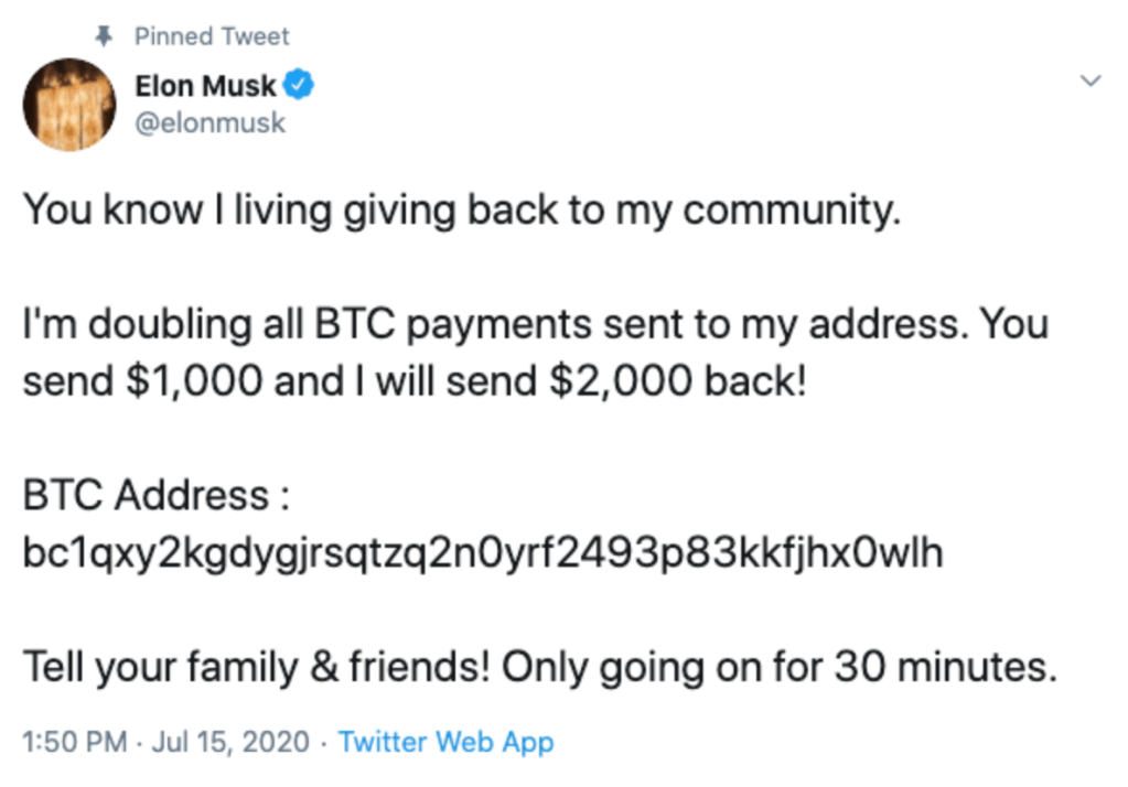 Elon Musk tweet about crypto impostor scam