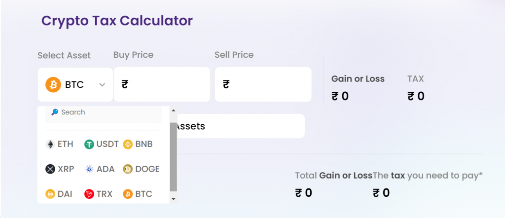 mudrex tax calculator showing options of cryptocurrencies to add