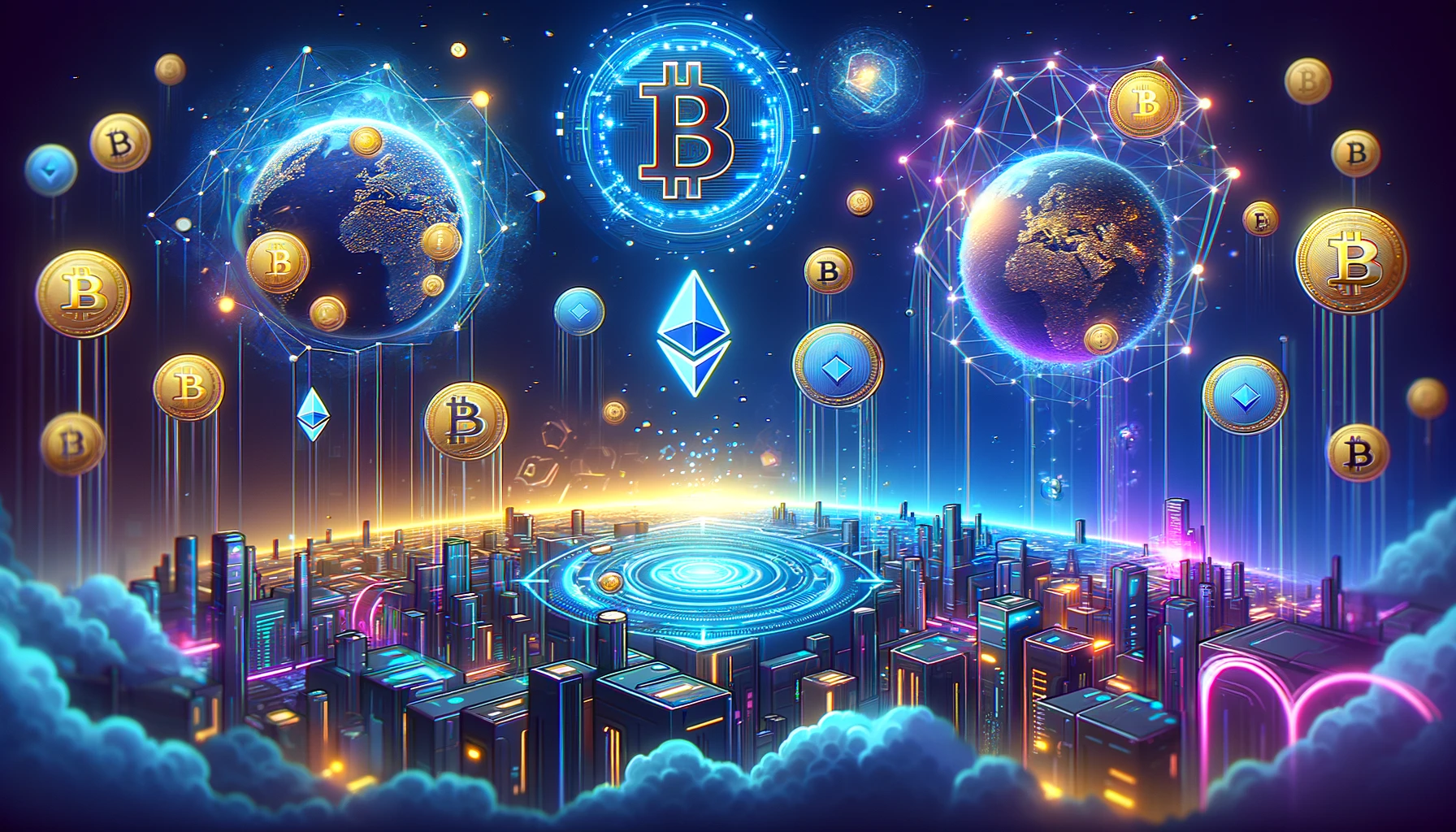 Best Metaverse Coins To Invest In 2024 Mudrex Learn   DALL·E 2024 03 05 23.56.29 Create A Futuristic Banner Without Text Focusing On The Metaverse Concept Intertwined With Famous Cryptocurrencies Like Bitcoin And Ethereum. The Bac.webp