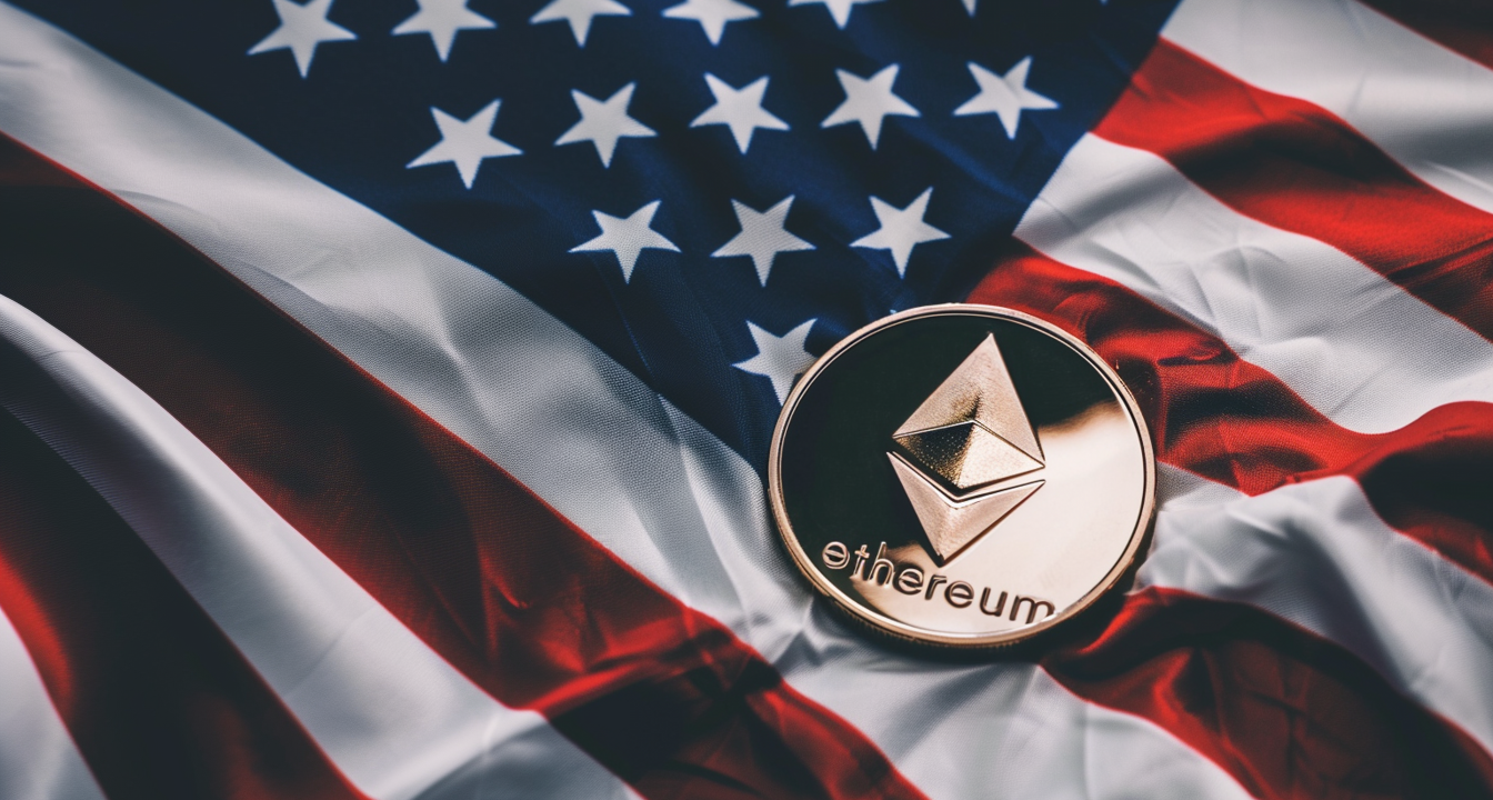 Image featuring the representation of an Ethereum network ethe coin on a US Flag