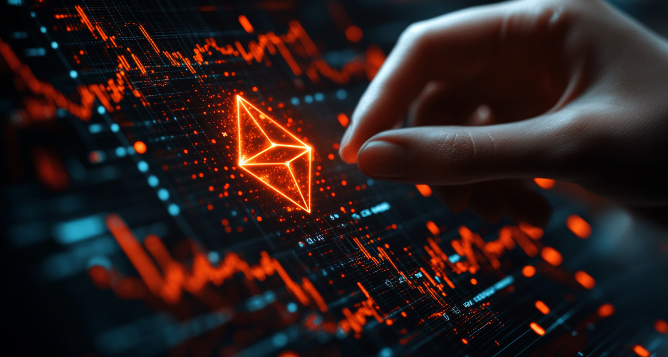 A hand selects a glowing Ethereum logo on a digital screen displaying a stock chart.