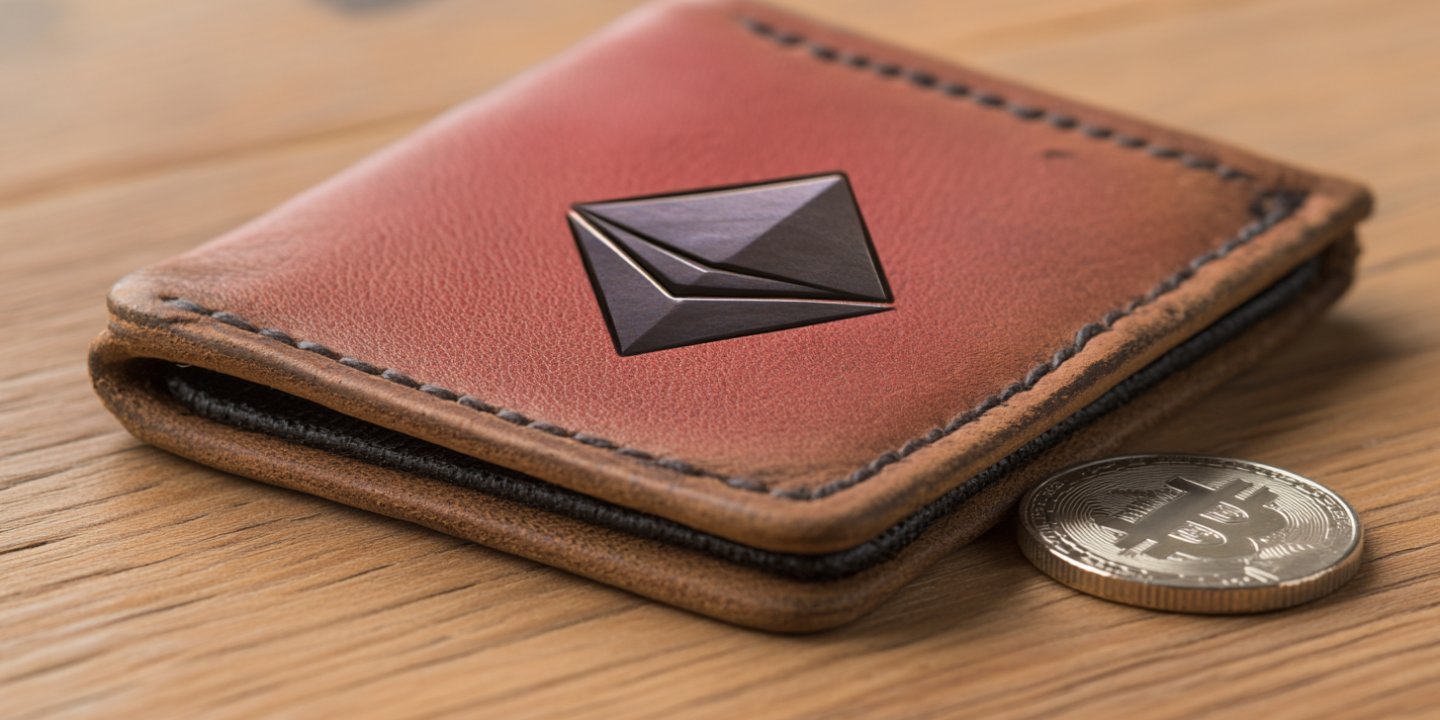 Leather wallet with Ethereum logo on a wooden surface, accompanied by a Bitcoin coin, representing cryptocurrency storage.