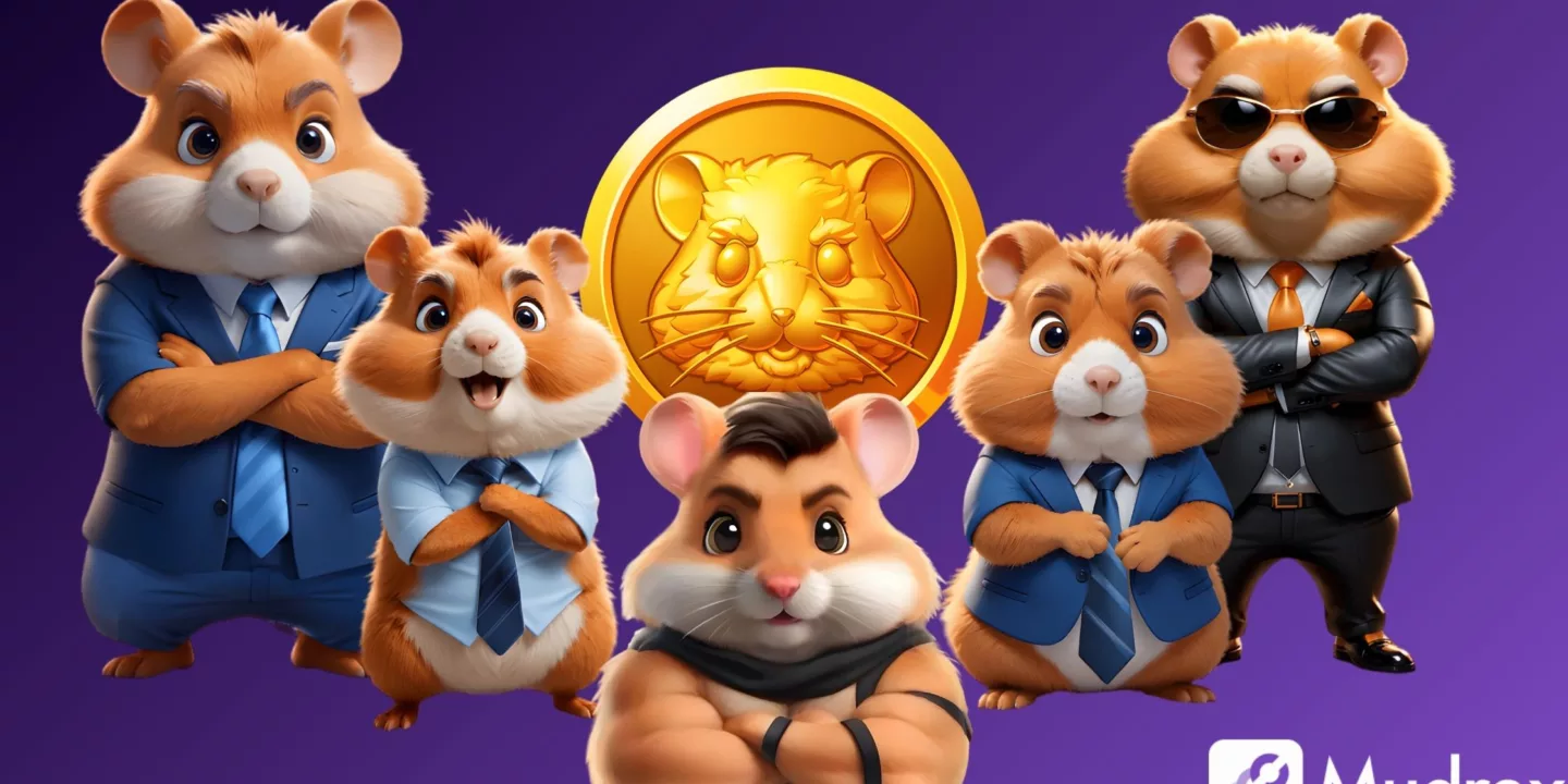 an illustration depicting various characters from the game hamster kombat along with a depiction of the HASMTR token