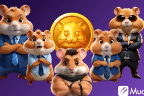 an illustration depicting various characters from the game hamster kombat along with a depiction of the HASMTR token