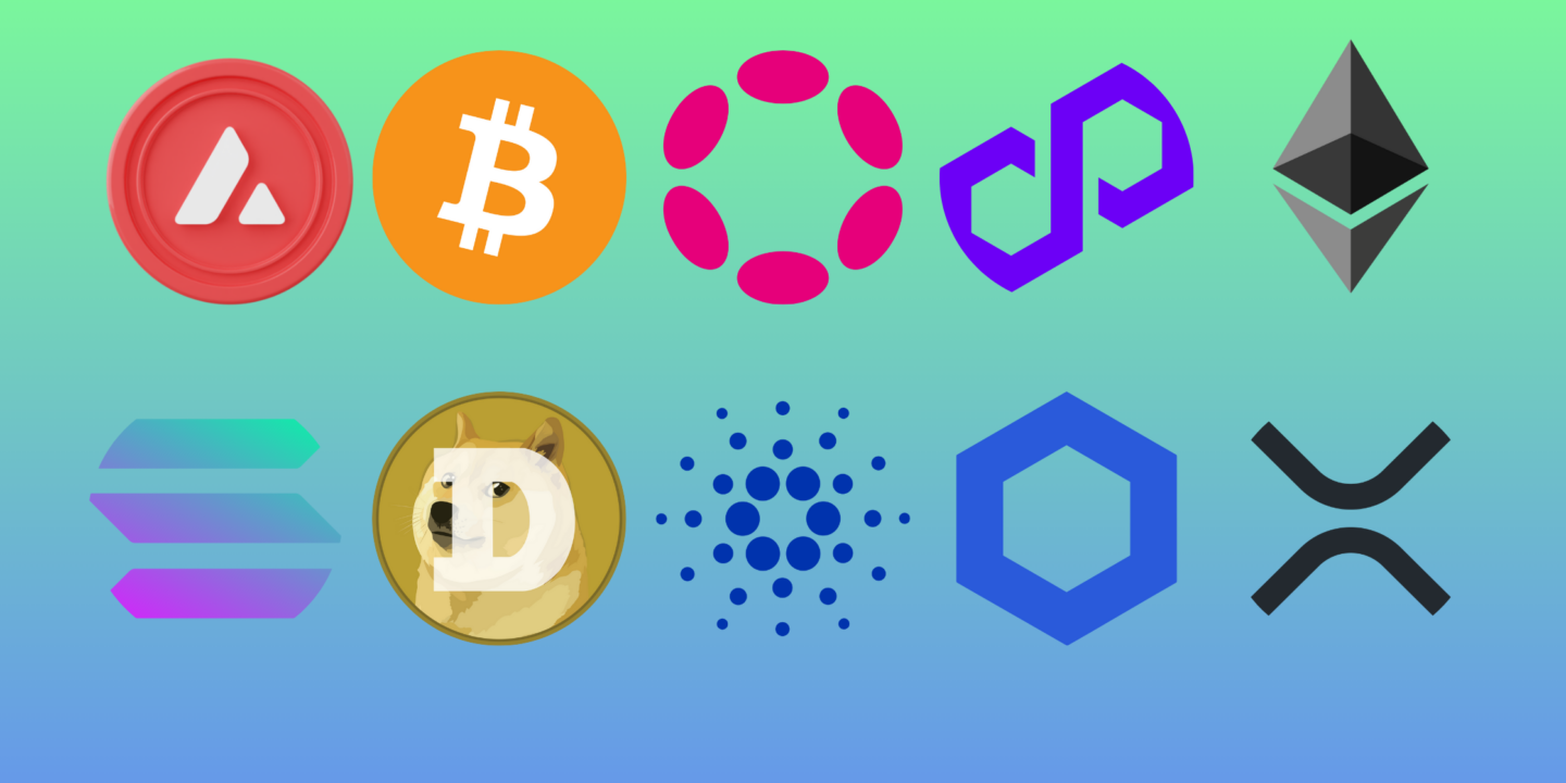 an illustration displaying the logos of top 10 cryptocurrencies to buy in september 2024