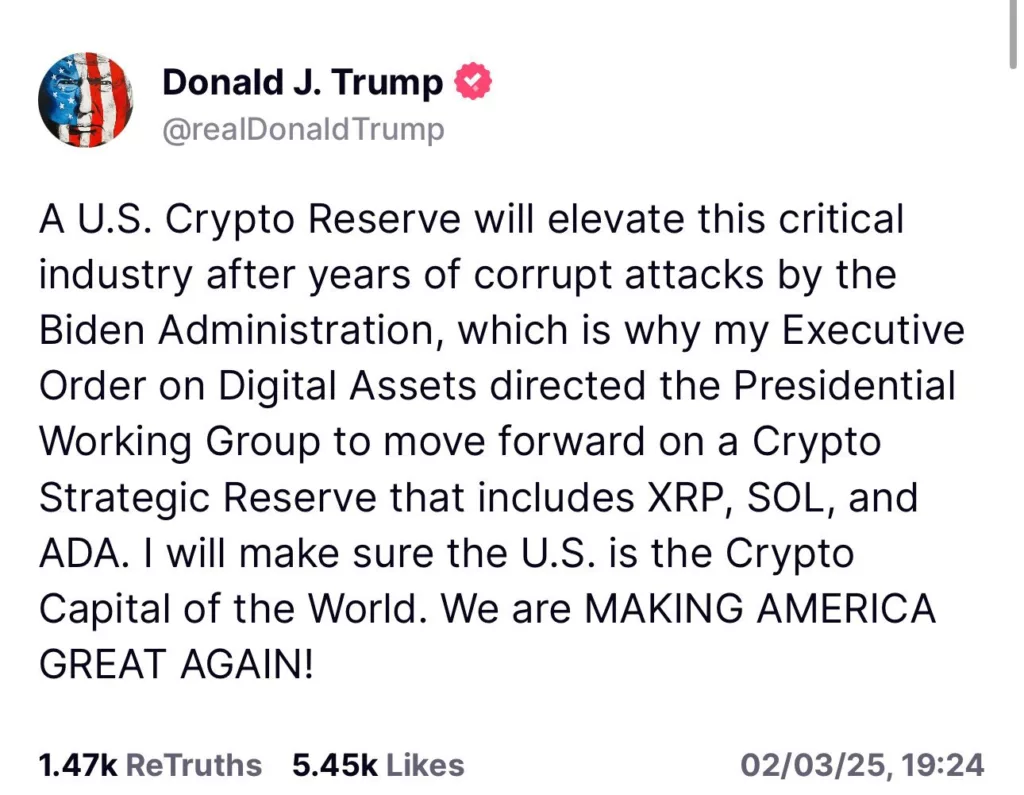 President Trump's announcement of a strategic reserve with Cardano