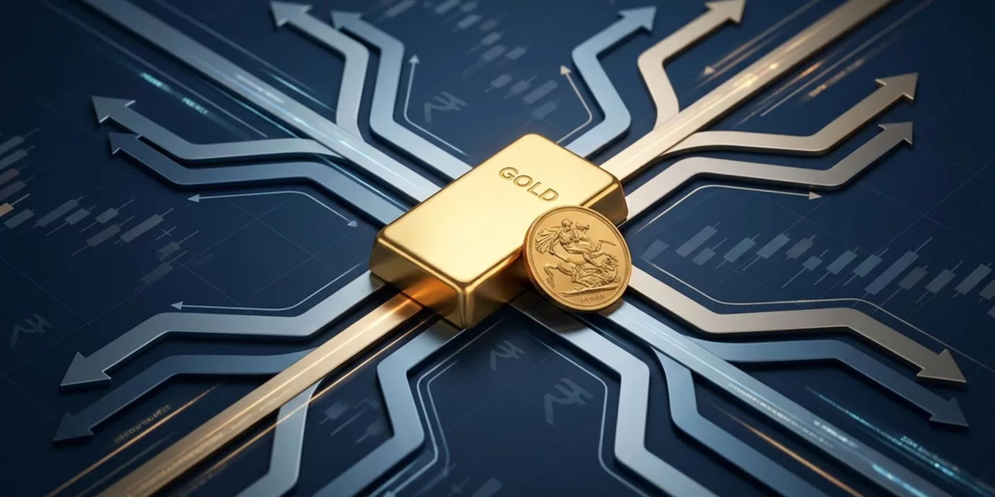 Create a cinematic, high-end financial markets banner illustrating multiple gold trading strategies. No text. At the center, place a refined gold asset form — either a clean gold bar or a gold coin — rendered realistically with premium lighting and subtle reflections. Surround the gold asset with multiple structured trading pathways: – different directional flow lines – branching strategy routes – layered trade structures These paths should diverge from the central gold asset in an organized, geometric way — clearly representing multiple trading strategies rather than random movement. Each pathway should feel distinct but balanced, suggesting different approaches (trend, range, breakout, etc.) without explicitly labeling them. Beneath or behind the structure, include a subtle trading surface: – faint candlestick patterns – gridlines – chart textures (blurred and non-readable) Add a slight India context: – very subtle ₹ symbol integrated into the trading environment – or faint regional market cues (minimal, not dominant) Lighting should be cinematic and analytical: – warm gold highlights on the central asset – cooler neutral tones for surrounding trading structures Use a deep navy background for contrast. Add depth: – shallow depth-of-field focusing on the gold asset – slight motion cues along the strategy paths Avoid: – simple upward arrows (too generic) – cluttered dashboards – overly literal labels or icons – meme-style visuals – text overlays The final image should clearly communicate: Gold being traded through multiple structured strategies in a professional market environment, tailored to Indian traders.