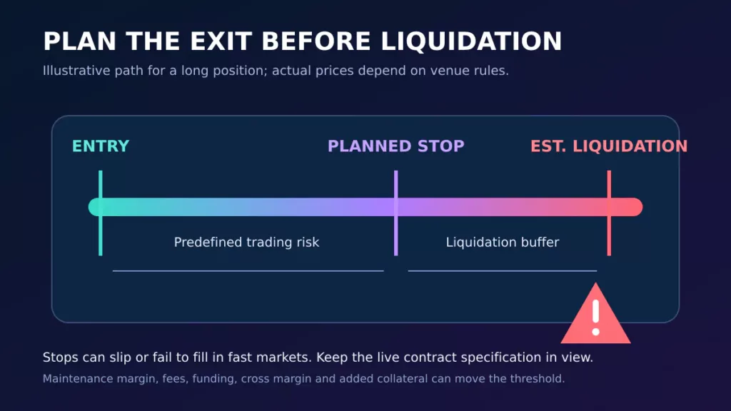 Crypto futures liquidation risk path from entry price to stop and liquidation price Crypto futures liquidation risk path from entry price to stop and liquidation price