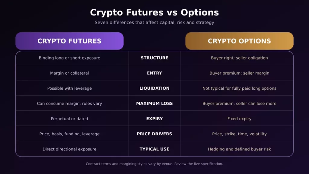 Crypto futures vs options across seven contract features