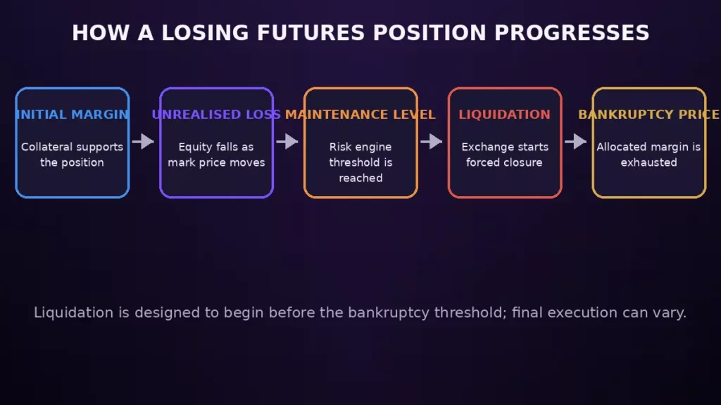Workflow from initial margin and unrealised loss to liquidation and bankruptcy price Workflow from initial margin and unrealised loss to liquidation and bankruptcy price