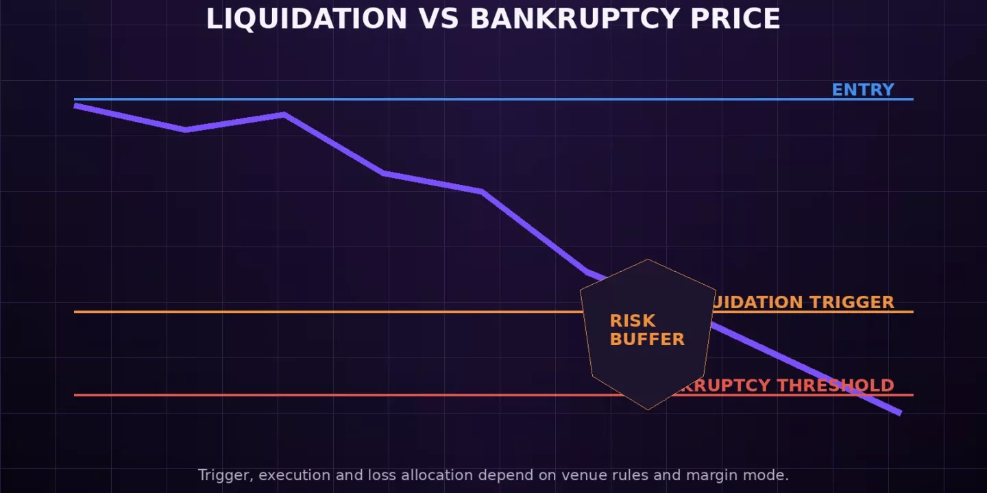 Crypto futures price path showing entry, liquidation trigger and bankruptcy threshold