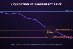 Crypto futures price path showing entry, liquidation trigger and bankruptcy threshold