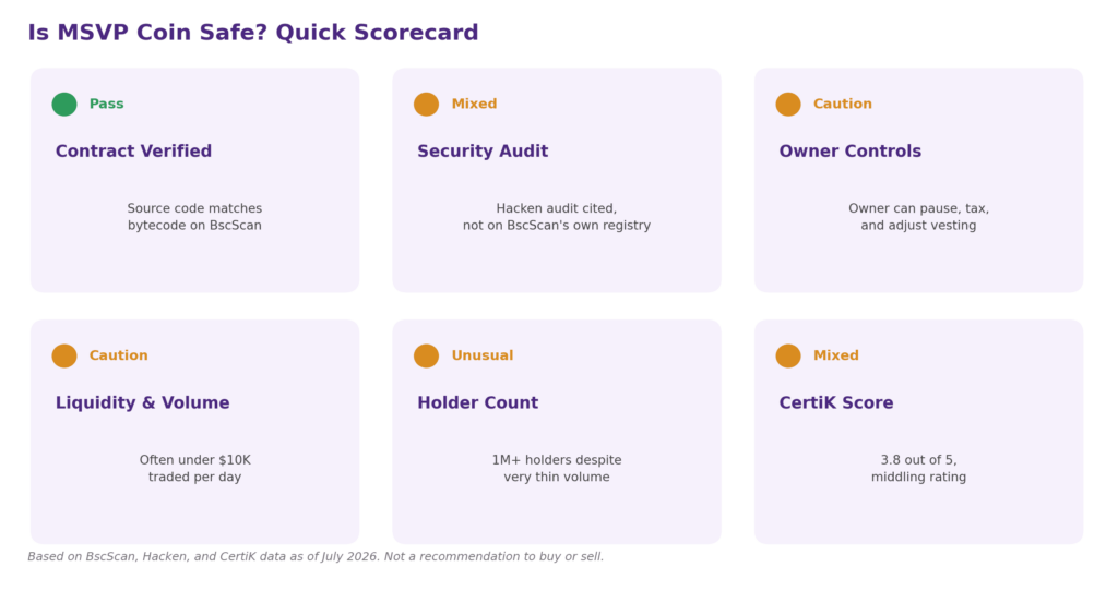 Infographic titled 'Is MSVP Coin Safe? Quick Scorecard,' presenting six safety checks in a two-row, three-column grid, each with a colored status dot, a status label, a category name, and a short explanation. Row 1: (1) Green dot, 'Pass' — Contract Verified: source code matches bytecode on BscScan. (2) Orange dot, 'Mixed' — Security Audit: Hacken audit cited, not on BscScan's own registry. (3) Orange dot, 'Caution' — Owner Controls: owner can pause, tax, and adjust vesting. Row 2: (4) Orange dot, 'Caution' — Liquidity & Volume: often under $10K traded per day. (5) Orange dot, 'Unusual' — Holder Count: 1M+ holders despite very thin volume. (6) Orange dot, 'Mixed' — CertiK Score: 3.8 out of 5, middling rating. Footer text in italics: 'Based on BscScan, Hacken, and CertiK data as of July 2026. Not a recommendation to buy or sell.'