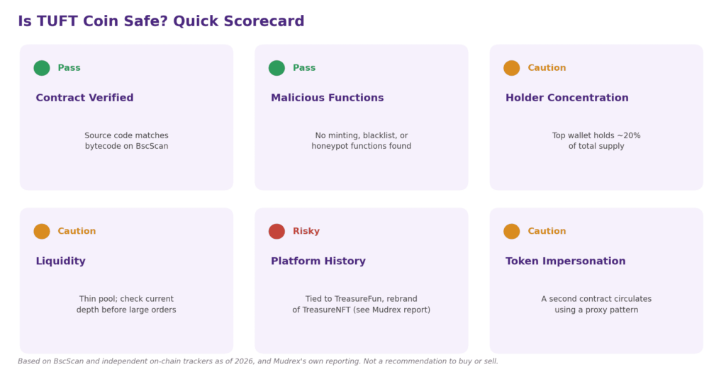 Is TUFT coin safe infographic: a six-point safety scorecard. Contract Verified shows a Pass status, confirming TUFT's source code matches its deployed bytecode on BscScan. Malicious Functions shows a Pass status, since no minting, blacklist, or honeypot functions were found in the contract. Holder Concentration shows a Caution status, since the top wallet holds roughly 20% of total supply. Liquidity shows a Caution status, noting the trading pool is thin and should be checked before placing large orders. Platform History shows a Risky status, since TUFT is tied to TreasureFun, a rebrand of TreasureNFT with a documented history covered in Mudrex's own report. Token Impersonation shows a Caution status, since a second contract circulates under the same name using a proxy pattern.