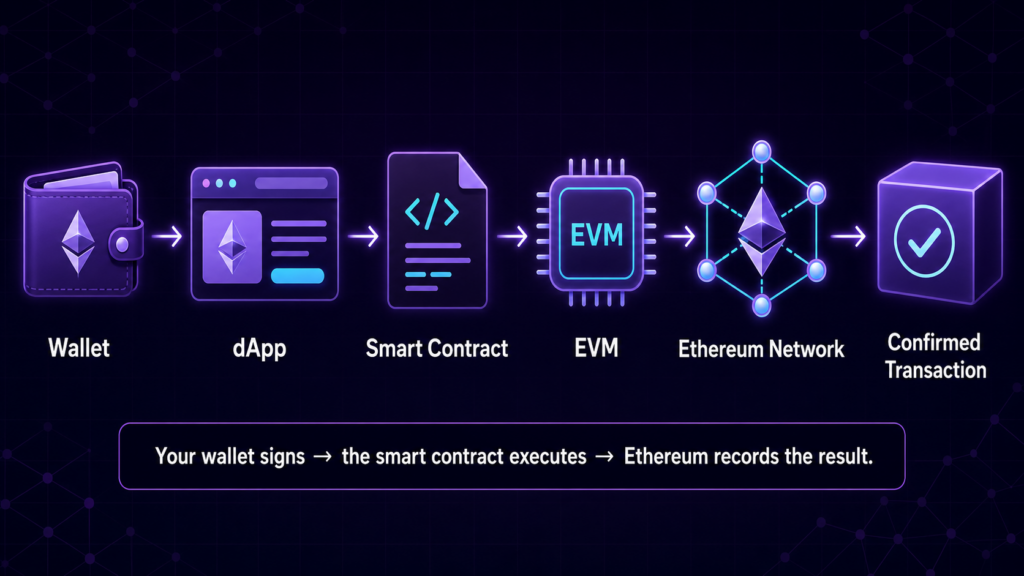 Ethereum Smart Contracts and dApps: How They Work, Use Cases and Risks Diagram showing a wallet connecting to a dApp, smart contract, EVM, Ethereum network and confirmed transaction
