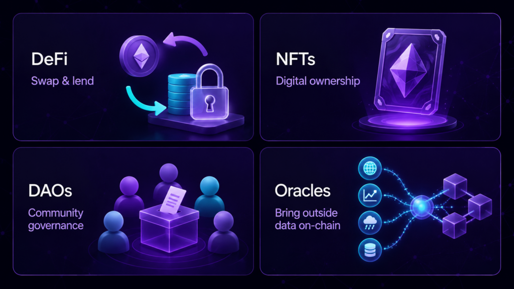 Ethereum Smart Contracts and dApps: How They Work, Use Cases and Risks Four Ethereum smart-contract use cases covering DeFi, NFTs, DAOs and blockchain oracles