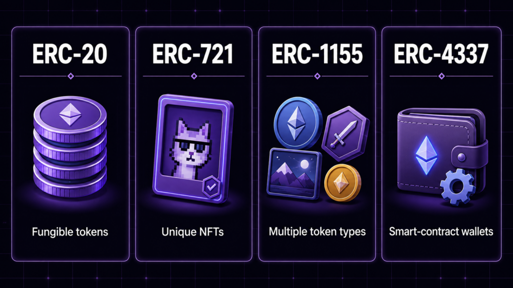 Ethereum Smart Contracts and dApps: How They Work, Use Cases and Risks Comparison of ERC-20, ERC-721, ERC-1155 and ERC-4337 with their common applications