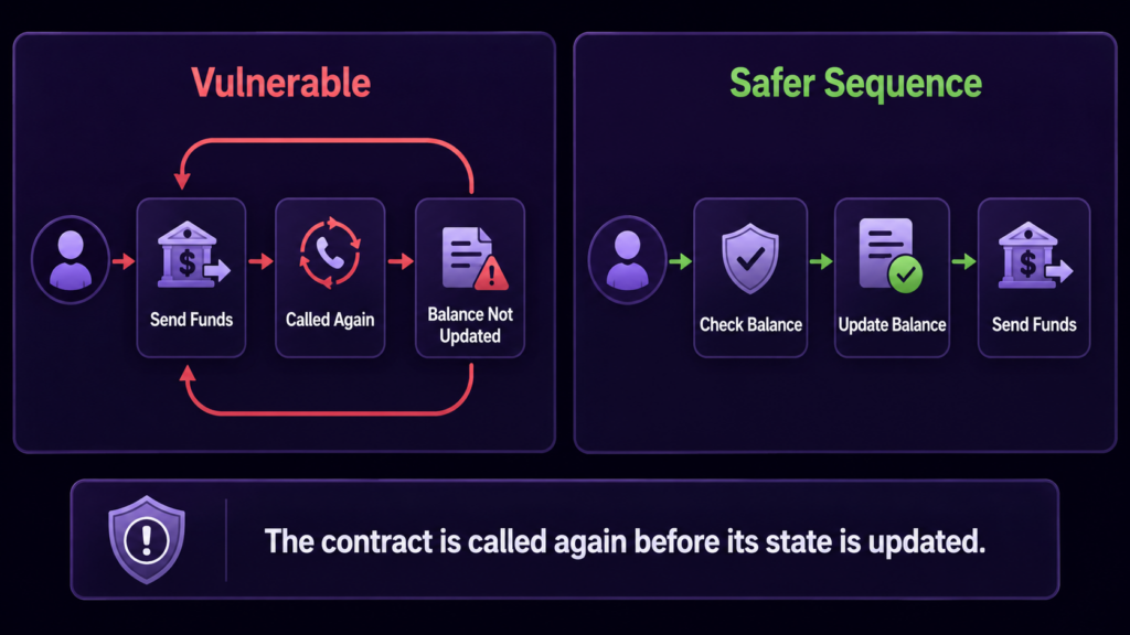 Ethereum Smart Contracts and dApps: How They Work, Use Cases and Risks Diagram comparing a vulnerable reentrancy flow with a safer check-update-send sequence