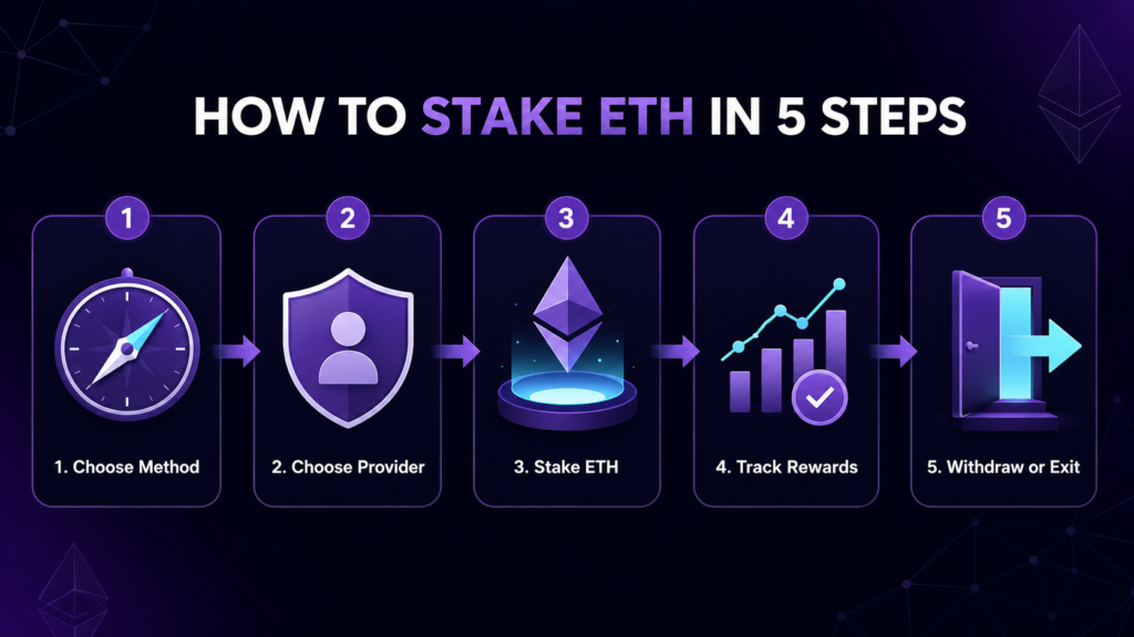 Five-step Ethereum staking process from choosing a method to withdrawing ETH