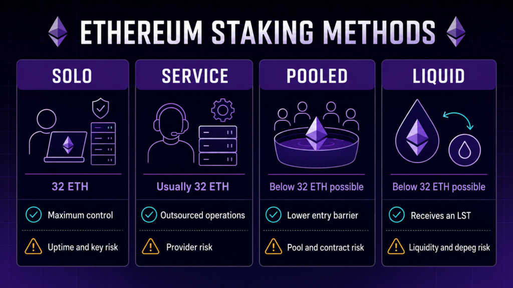 Comparison of solo, service, pooled and liquid Ethereum staking methods