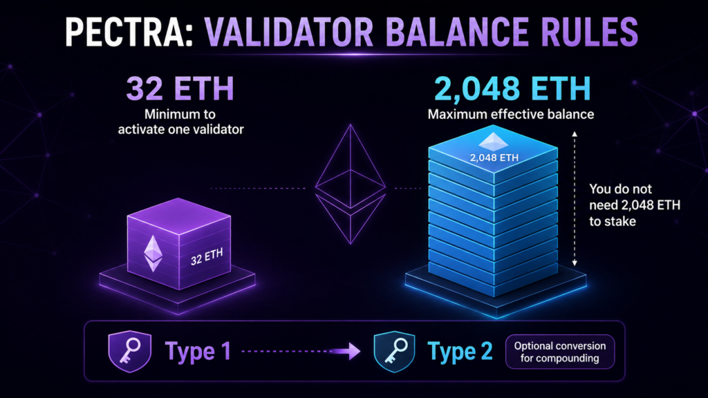 Ethereum validator minimum of 32 ETH compared with the 2,048 ETH maximum effective balance
