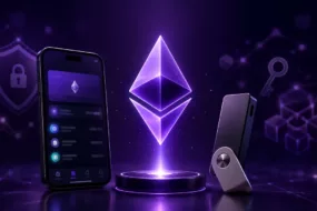 Glowing Ethereum symbol between a smartphone wallet and a hardware wallet with security icons.