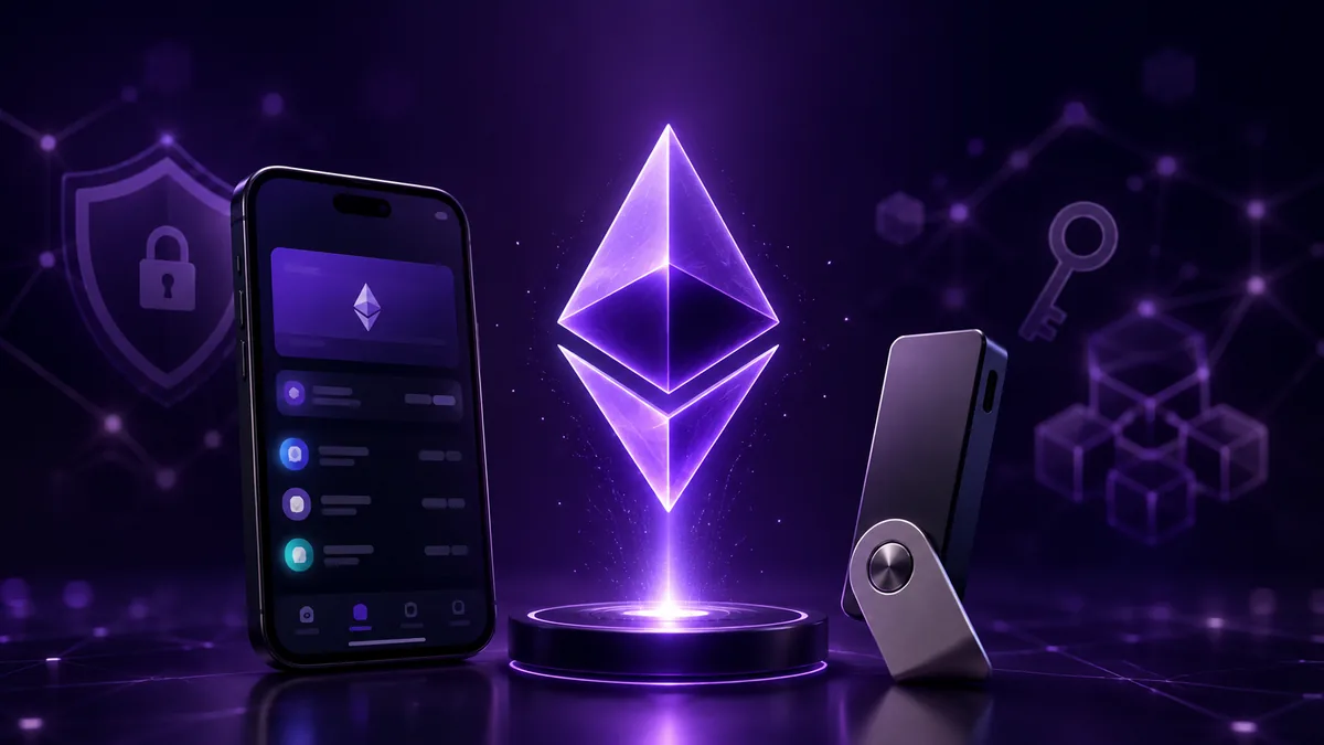 Glowing Ethereum symbol between a smartphone wallet and a hardware wallet with security icons.