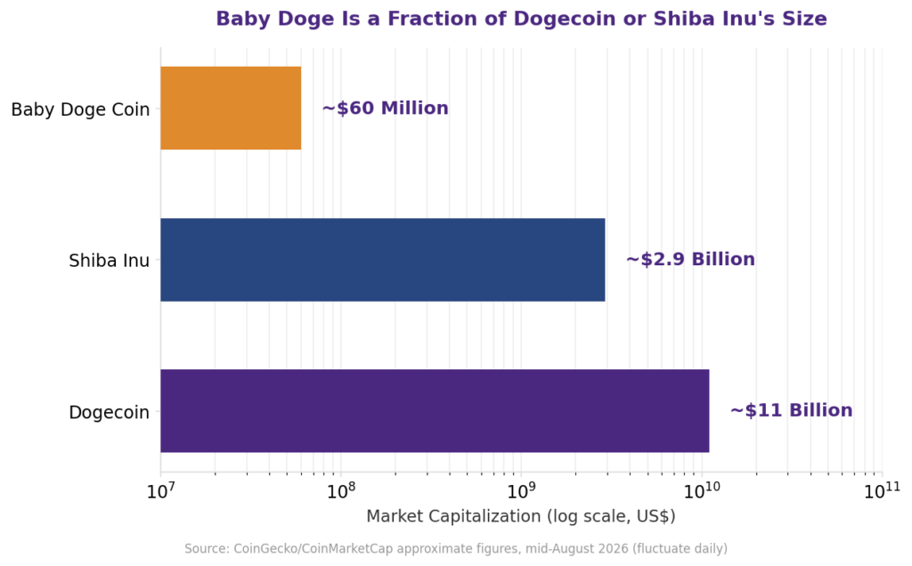 Is Baby Doge Coin worth buying, Baby Doge vs Dogecoin, Baby Doge vs Shiba Inu: horizontal logarithmic bar chart comparing market capitalization across meme coins and altcoins, showing Baby Doge Coin at approximately 60 million dollars, Shiba Inu at approximately 2.9 billion dollars, and Dogecoin at approximately 11 billion dollars, illustrating relative crypto trading volume and speculative investment scale