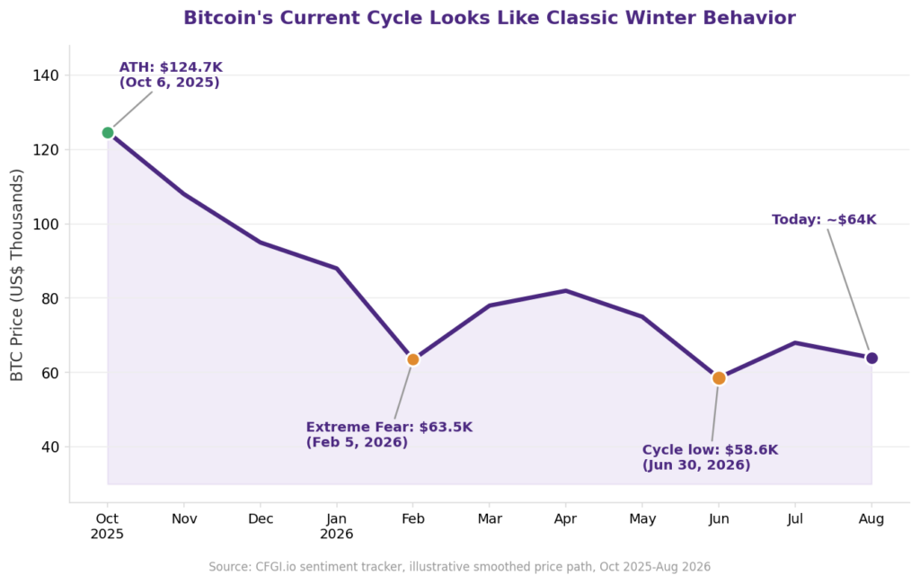 Line chart illustrating signs that Bitcoin winter is ending, tracking BTC price falling from an all-time high of 124.7 thousand dollars in October 2025 to a cycle low of 58.6 thousand dollars in June 2026, with price recovering to around 64 thousand dollars by August 2026