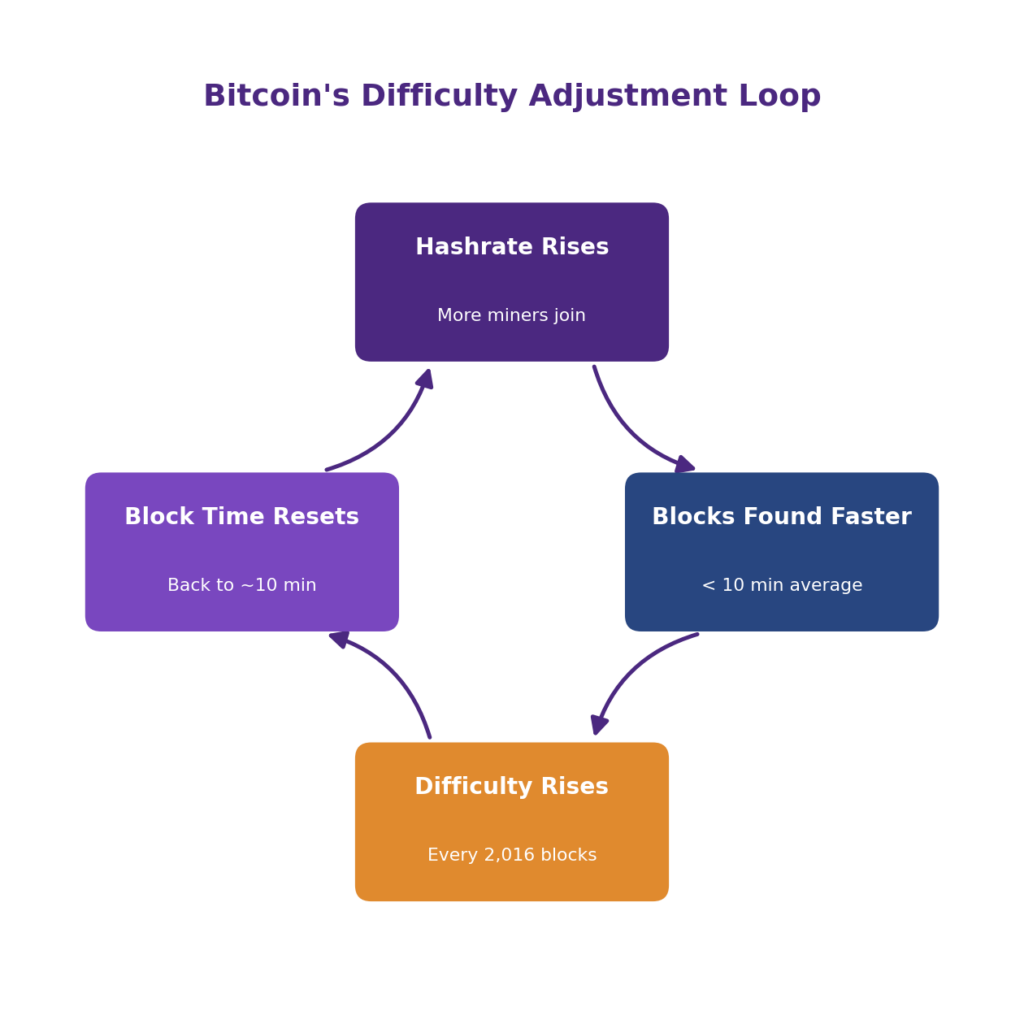 Why does Bitcoin mining difficulty change and how often does Bitcoin difficulty adjust: circular diagram of the Bitcoin difficulty adjustment epoch, showing rising hashrate leading to faster block production, mining difficulty increasing every 2,016 blocks, and block time resetting to the 10-minute target, illustrating the Bitcoin hashrate vs mining difficulty relationship