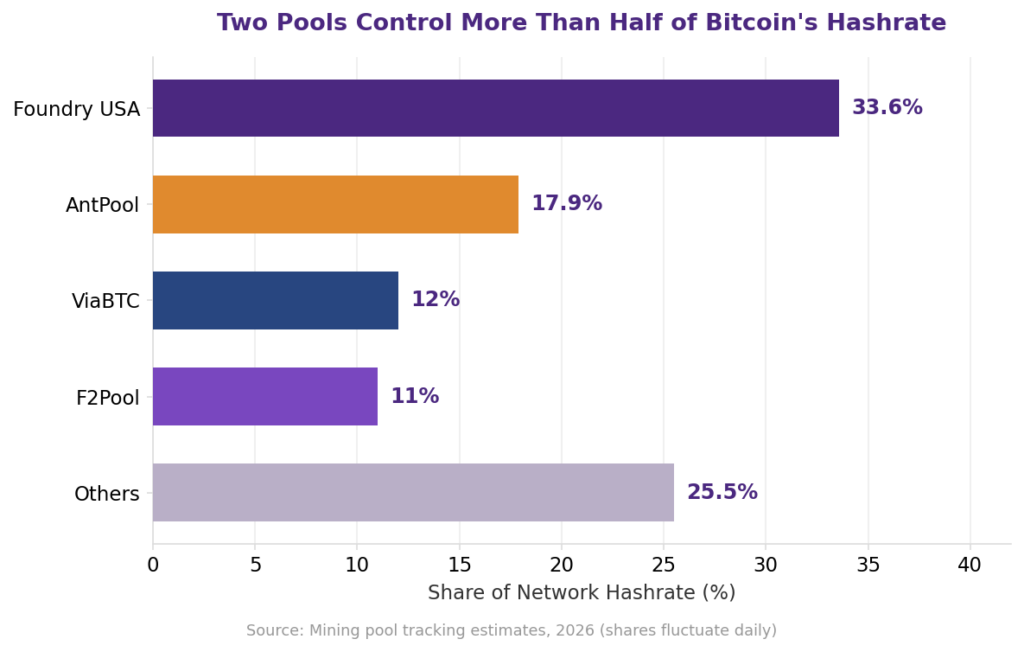 Does a higher hashrate make Bitcoin safer: horizontal bar chart of Bitcoin mining pool concentration and 51% attack risk, showing Foundry USA at 33.6 percent and AntPool at 17.9 percent of network hashrate, ViaBTC at 12 percent, F2Pool at 11 percent, and other mining pools at 25.5 percent, illustrating network security and centralization risk