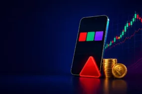Colour trading app interface with red, green and violet choices, warning symbol and Indian rupee coins