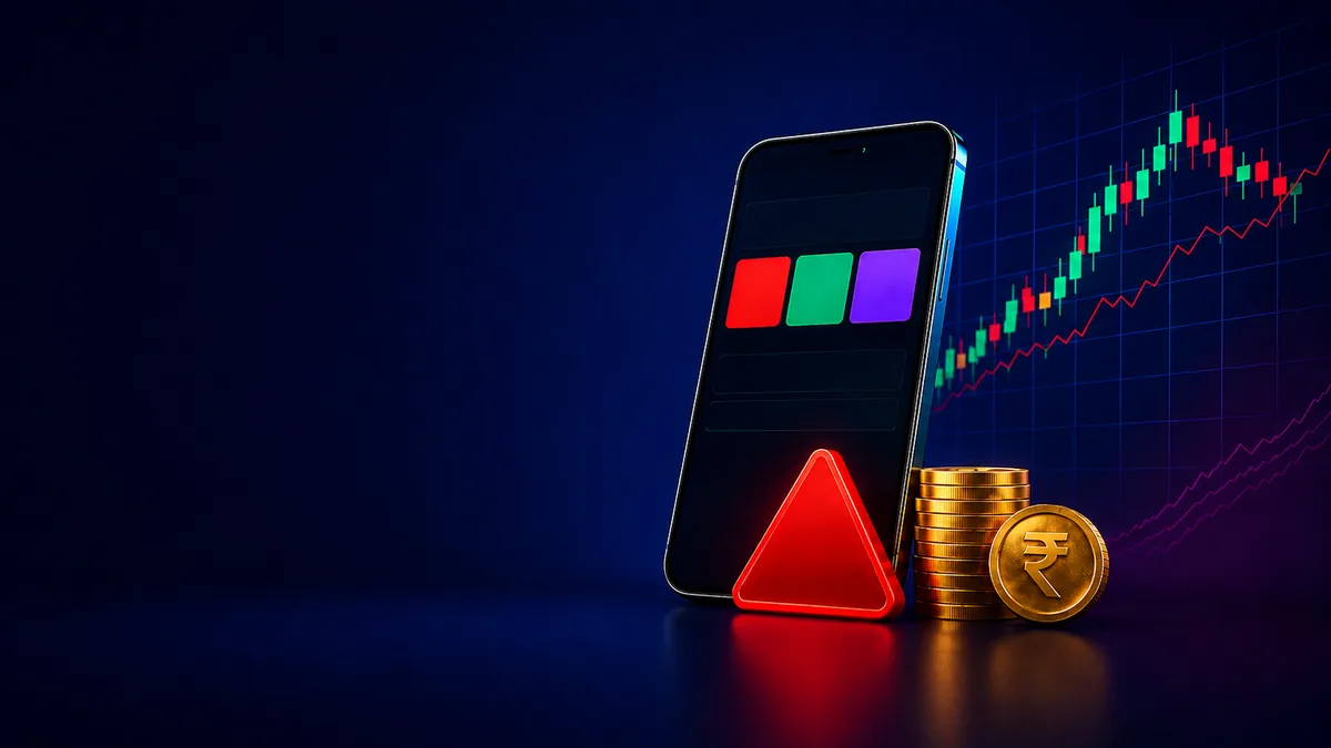 Colour trading app interface with red, green and violet choices, warning symbol and Indian rupee coins