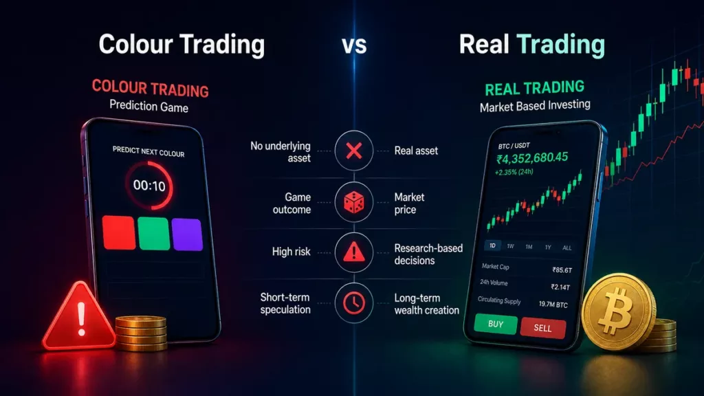 Colour trading prediction game compared with real crypto trading based on market prices and digital assets