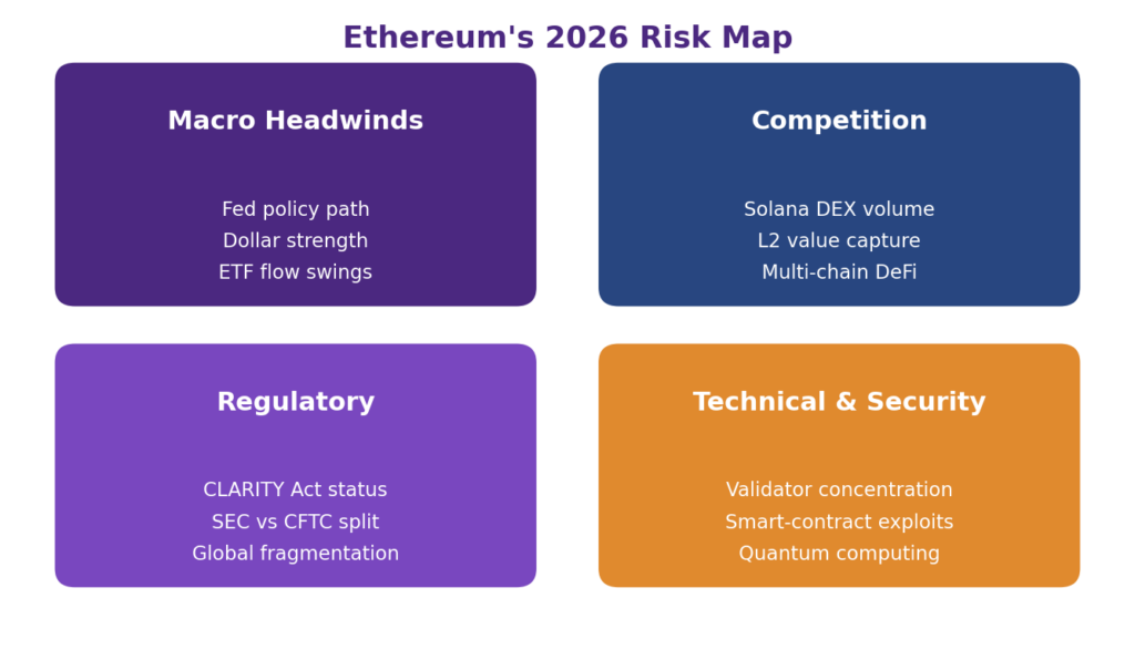Ethereum risks 2026 risk map infographic showing four categories of ETH investment risk: macro headwinds, competition risk, Ethereum regulatory risks, and technical and security risk