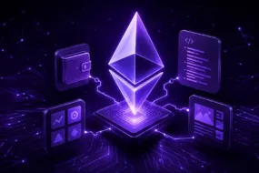 Ethereum symbol connected to a crypto wallet, smart contract and dApp interfaces on a purple blockchain network