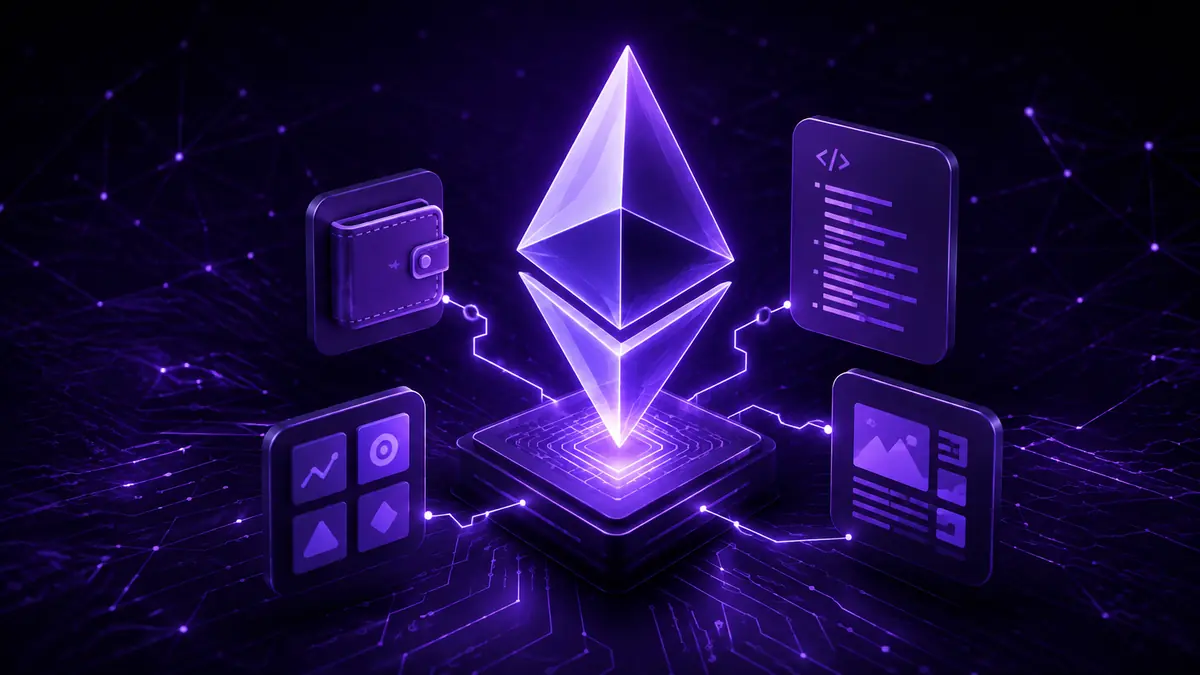 Ethereum symbol connected to a crypto wallet, smart contract and dApp interfaces on a purple blockchain network