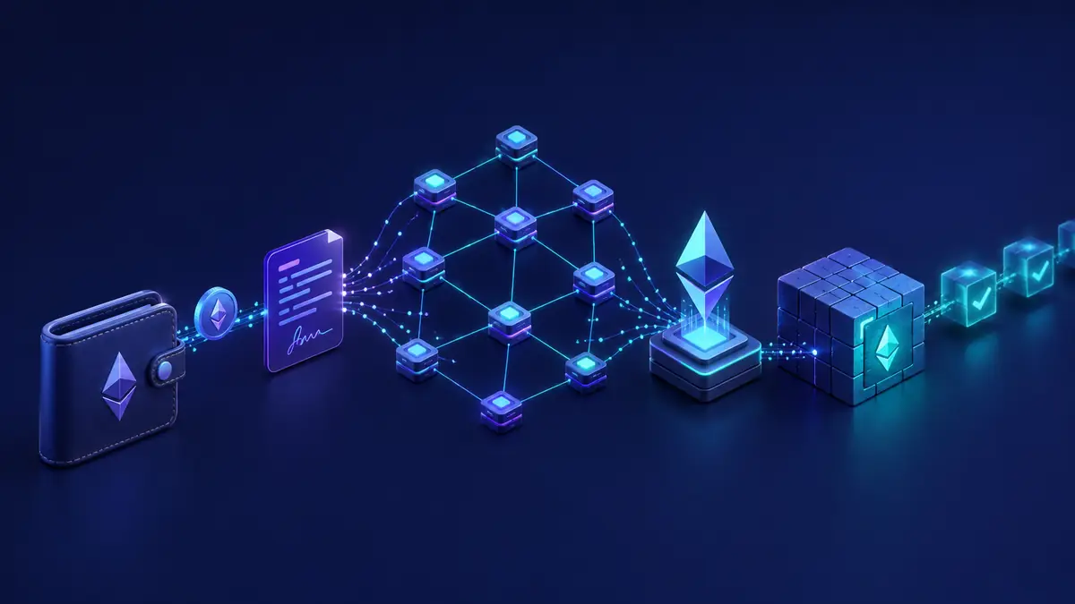 Ethereum transaction moving from wallet signing through network validation to block confirmation