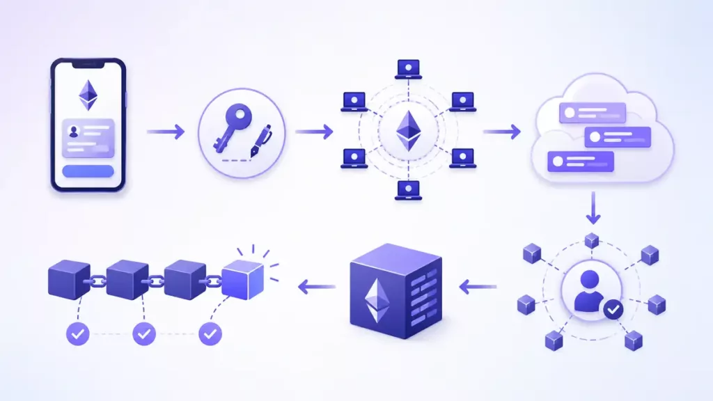 How an Ethereum Transaction Works: Hashes, Confirmations and Failures Ethereum transaction lifecycle from wallet signing to block inclusion and finality