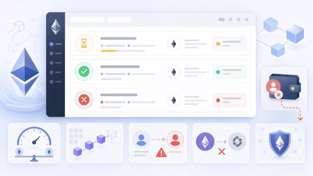 How an Ethereum Transaction Works: Hashes, Confirmations and Failures Ethereum transaction status dashboard showing pending, success, failure, gas and network checks