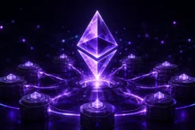 Ethereum symbol connected to a network of staking validator nodes