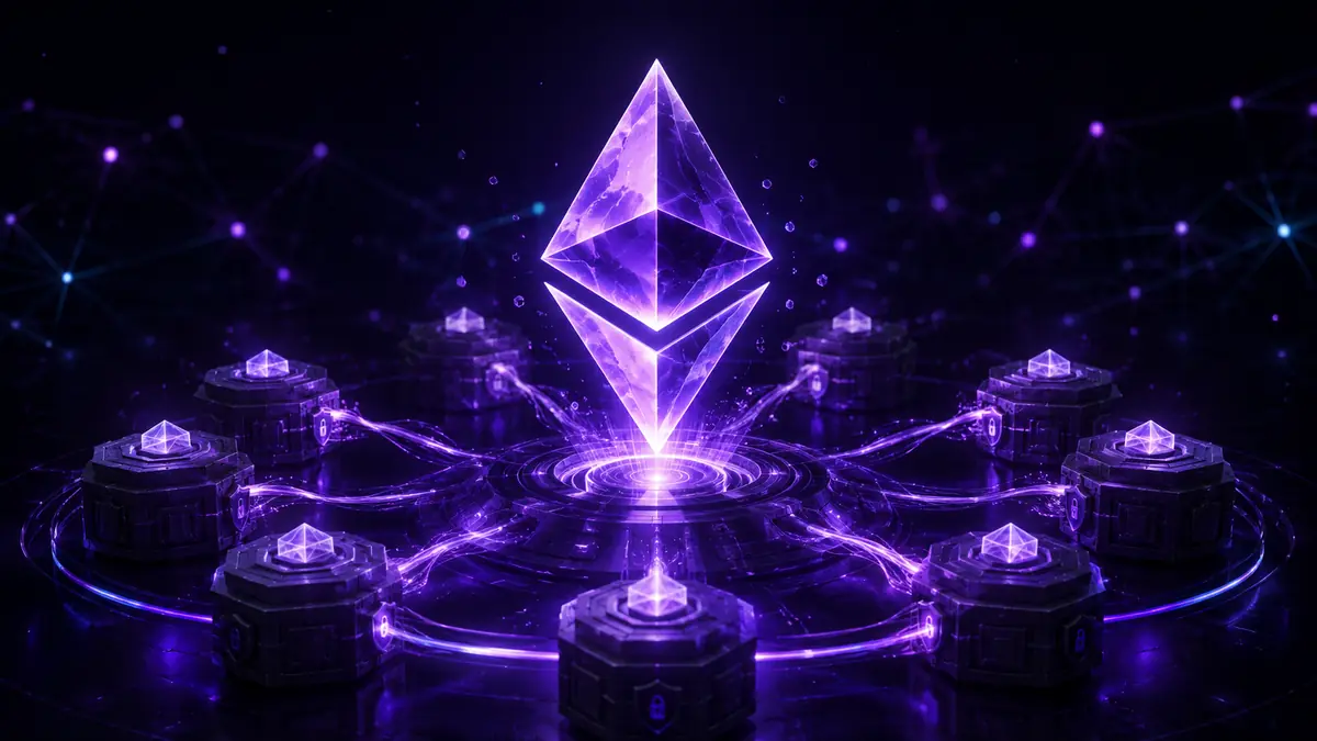 Ethereum symbol connected to a network of staking validator nodes