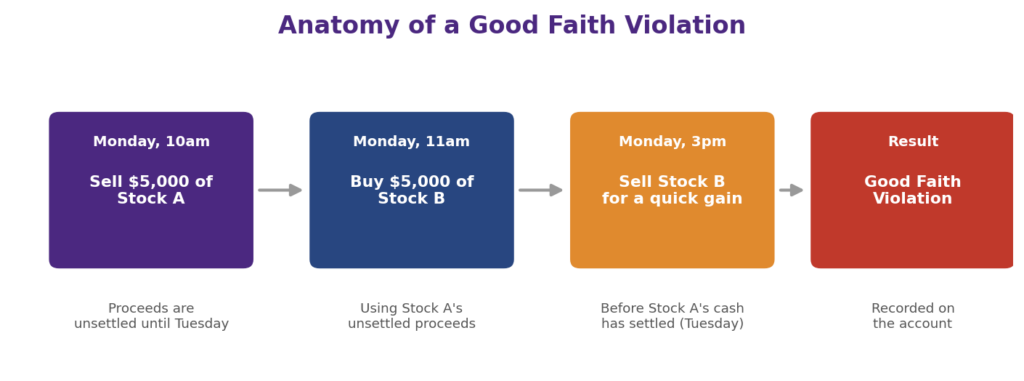 Good faith violation example and how to avoid a good faith violation: four-step diagram showing the anatomy of a GFV trading violation, selling Stock A on Monday morning, buying Stock B with the unsettled proceeds, selling Stock B the same day before Stock A's cash settles under T+1 settlement, resulting in a recorded good faith violation on the cash account