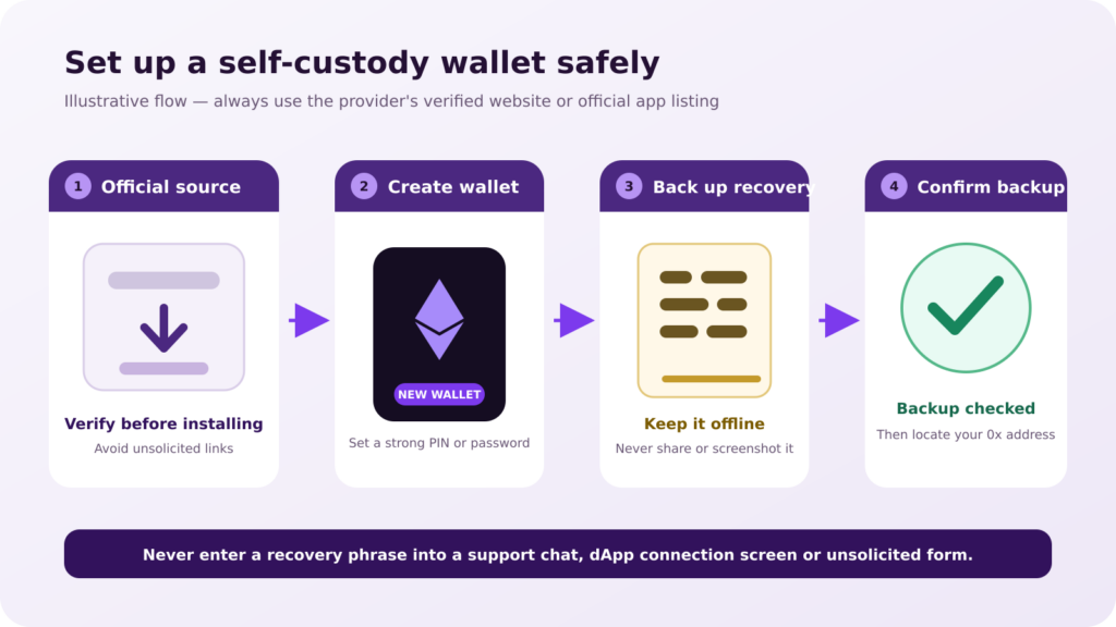Four-step wallet setup illustration: official source, create wallet, back up recovery and confirm backup. Four-step Ethereum wallet setup covering official download, wallet creation, recovery backup and confirmation