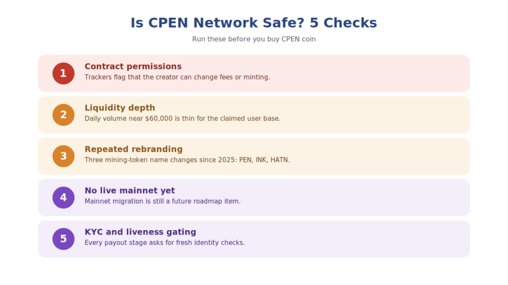Infographic checklist of five safety checks to verify if CPEN Network is legit before buying CPEN coin