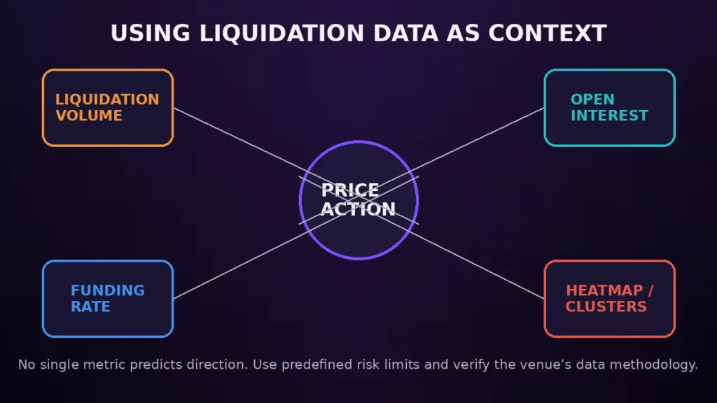 Liquidation data combined with price action, open interest, funding rate and heatmap clusters