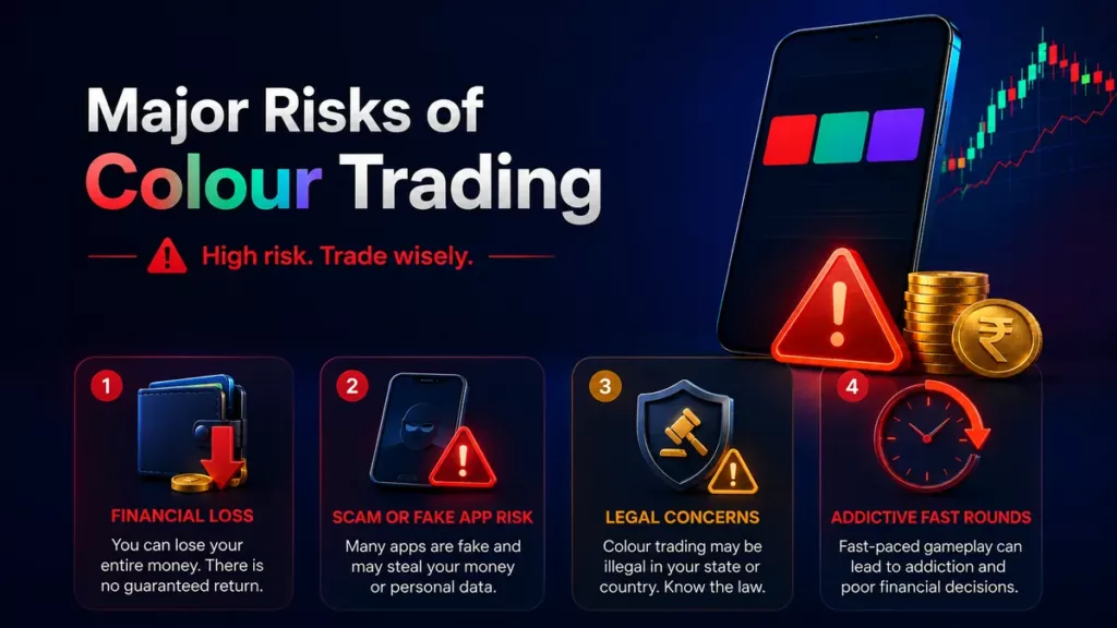 Major risks of colour trading including financial loss, fake apps, legal concerns and fast repeated rounds