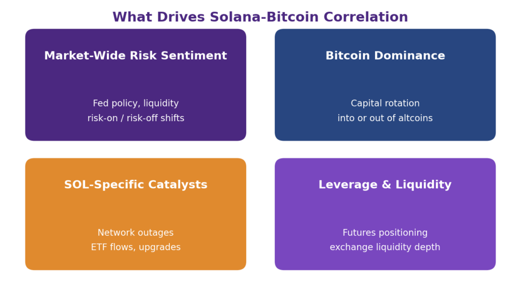 Four-quadrant infographic explaining when does Solana decouple from Bitcoin and does Solana follow Bitcoin, showing market-wide risk sentiment, Bitcoin dominance shifts, SOL-specific catalysts, and leverage and liquidity conditions as the four drivers of Solana Bitcoin correlation