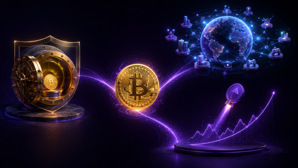 Bitcoin branching into three meanings: a store of value, a widely adopted crypto network and a high-growth speculative investment.