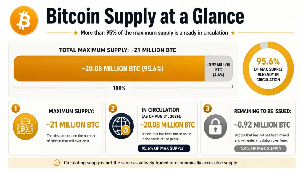 Bitcoin supply showing approximately 20.08 million BTC in circulation and about 0.92 million BTC remaining from the 21 million maximum